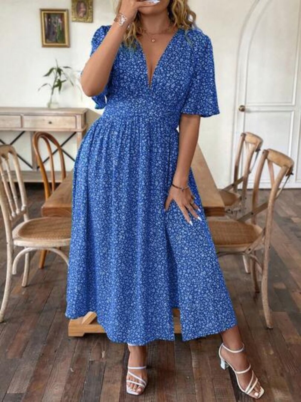 Blue Floral Maxi with Slit - 2X